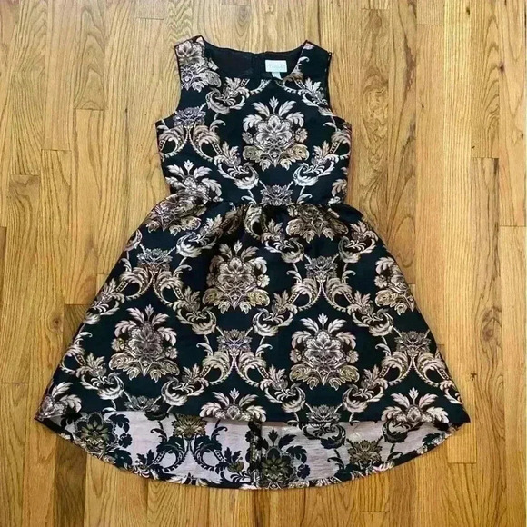 The Children's Place Dress Size 14 Black Gold Fit & Flare Asymmetrical Hem Party - Picture 6 of 10